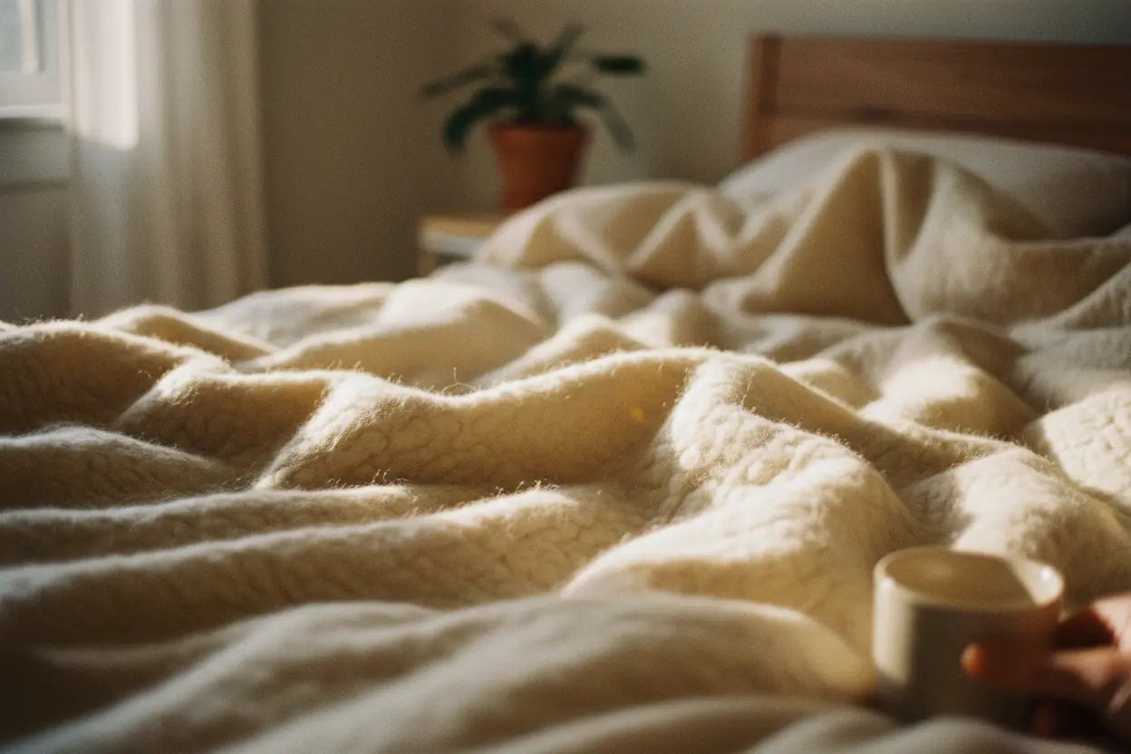 crumpled up natural colored wool bedding with a cup of coffee and a plant in the background