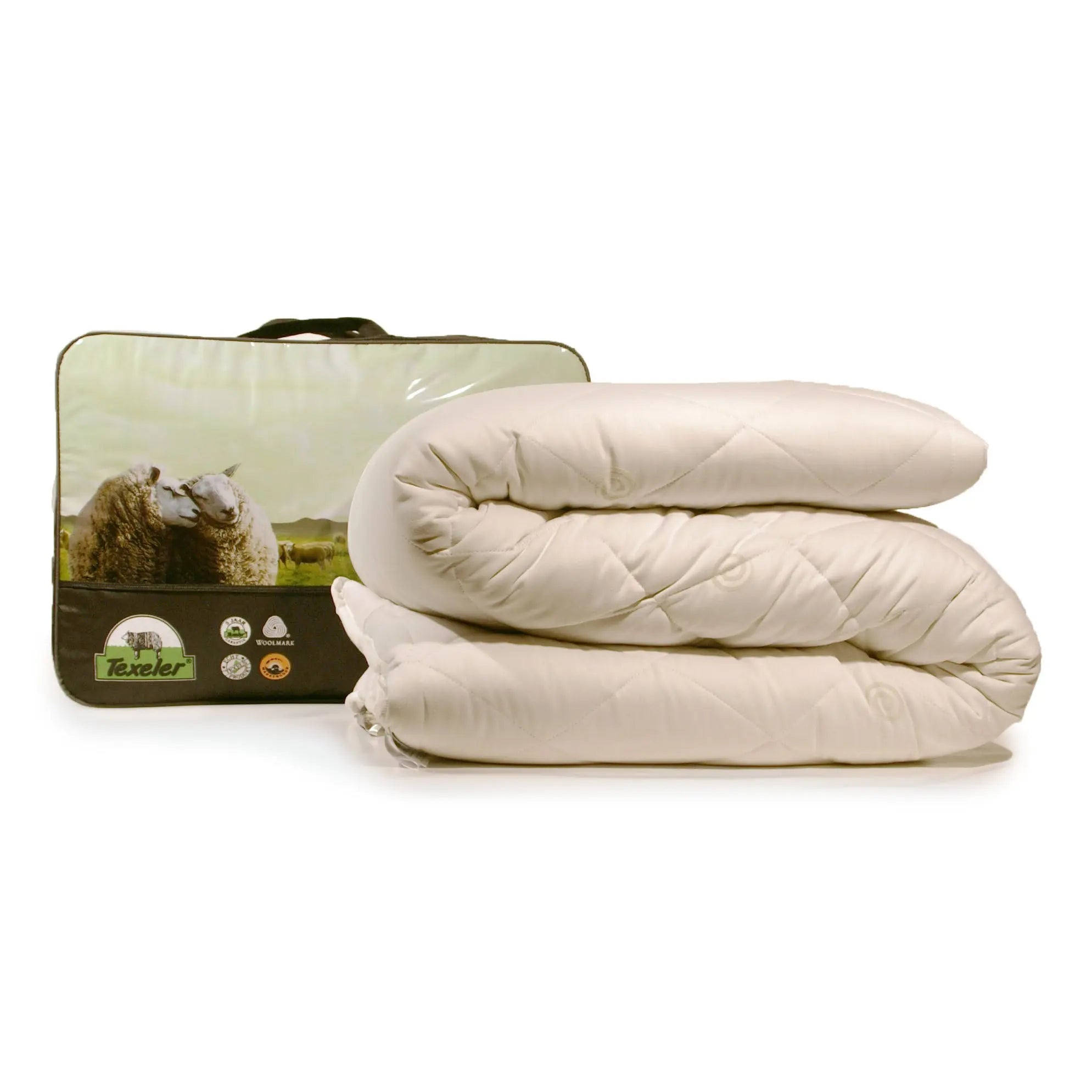 A beige mattress topper made of sheep wool, rolled up and placed against a white background, next to its packaging featuring an image of a sheep and the brand name Texeler.