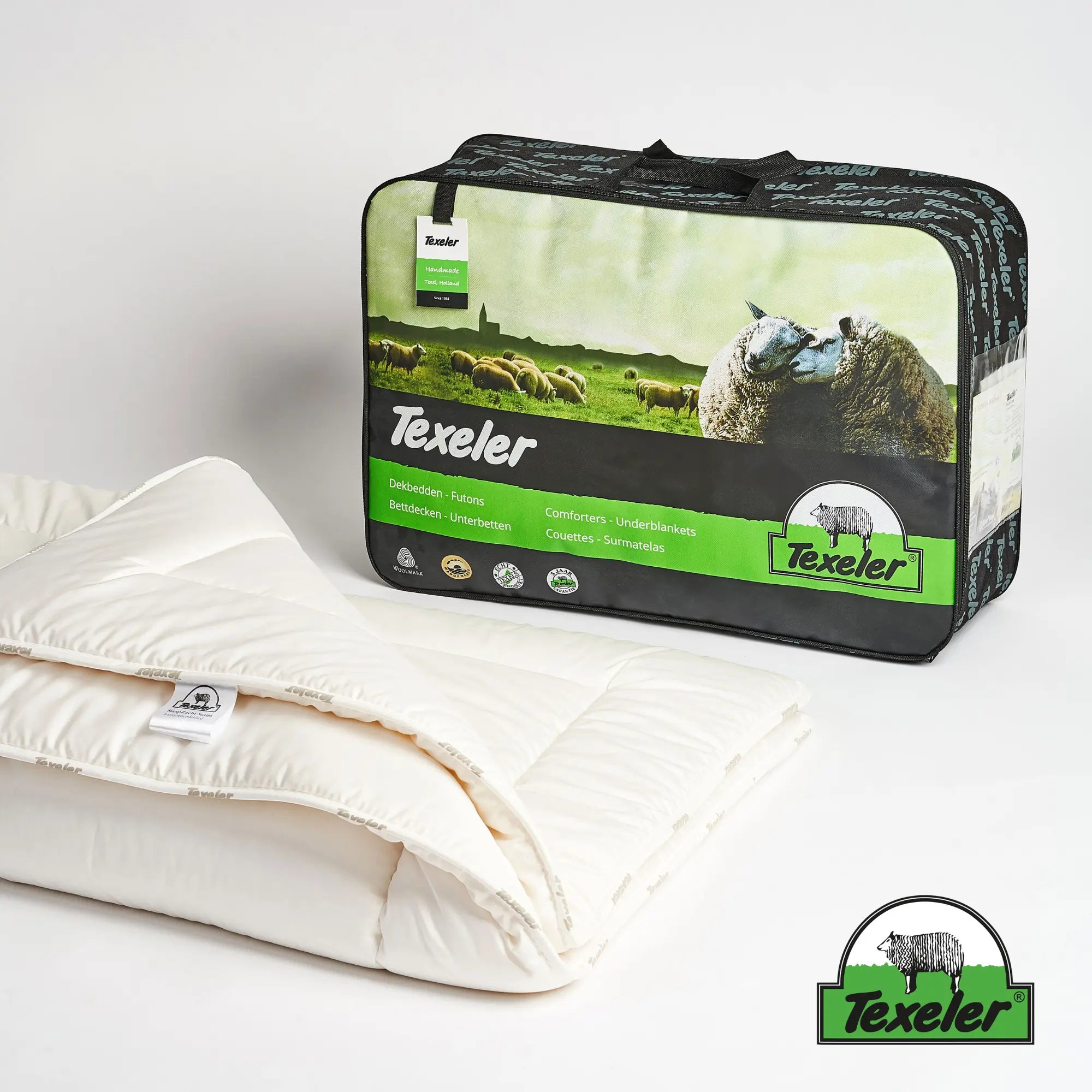 texeler sleep well satin wool comforter laying flat on a white background with the corners folded over. Product bag behind the comforter