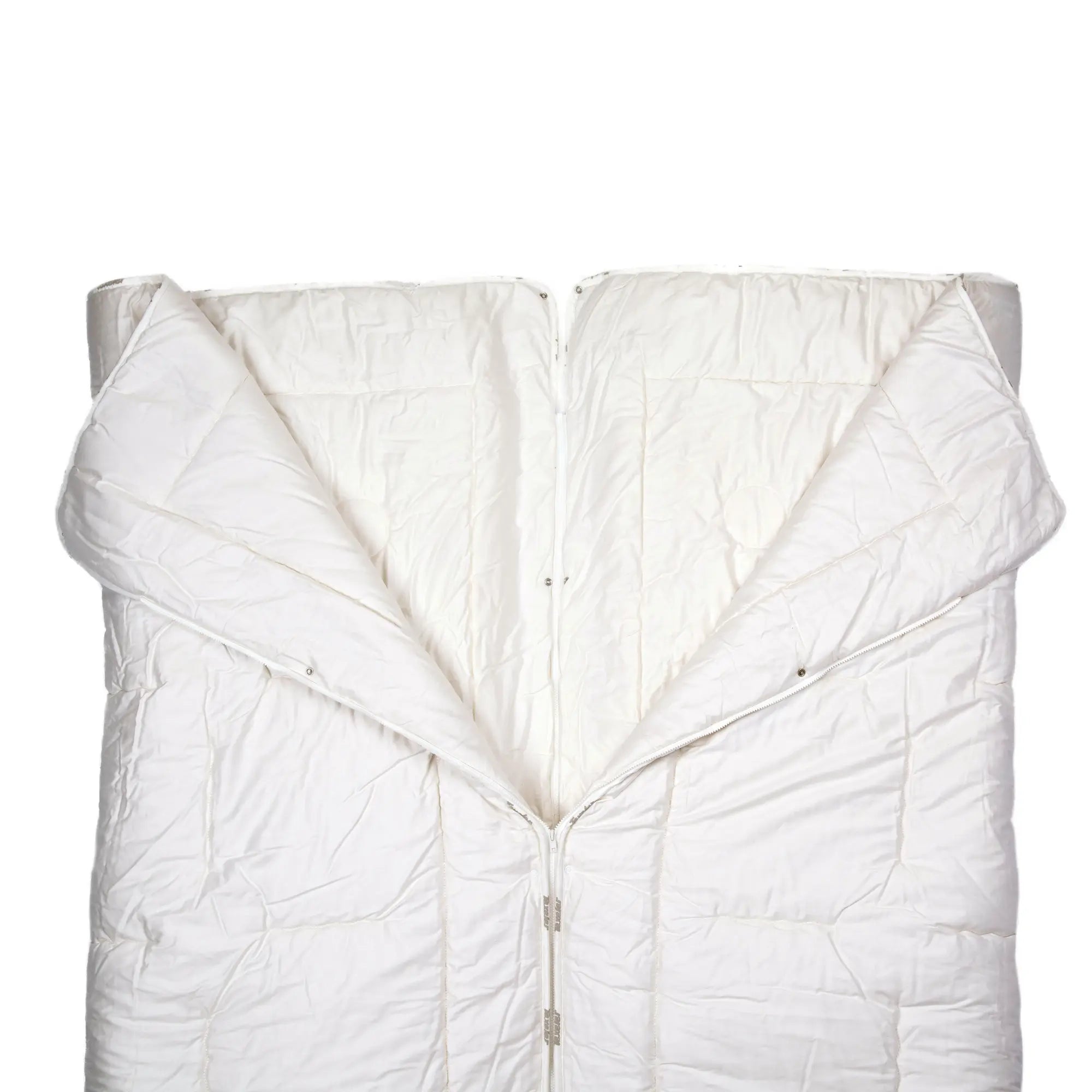 The texeler satin partner wool comforter laying flat while the zipper is undone in the middle to show the function of the comforter. Angle from above.