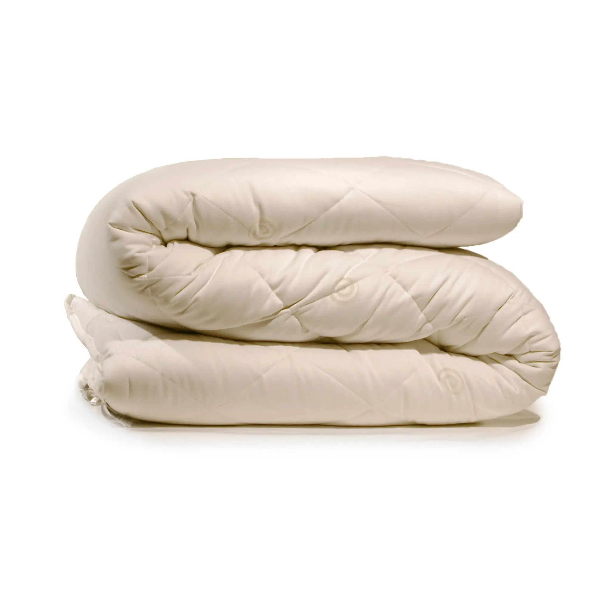 A folded beige mattress topper made from wool, brand name Texeler. with a white background