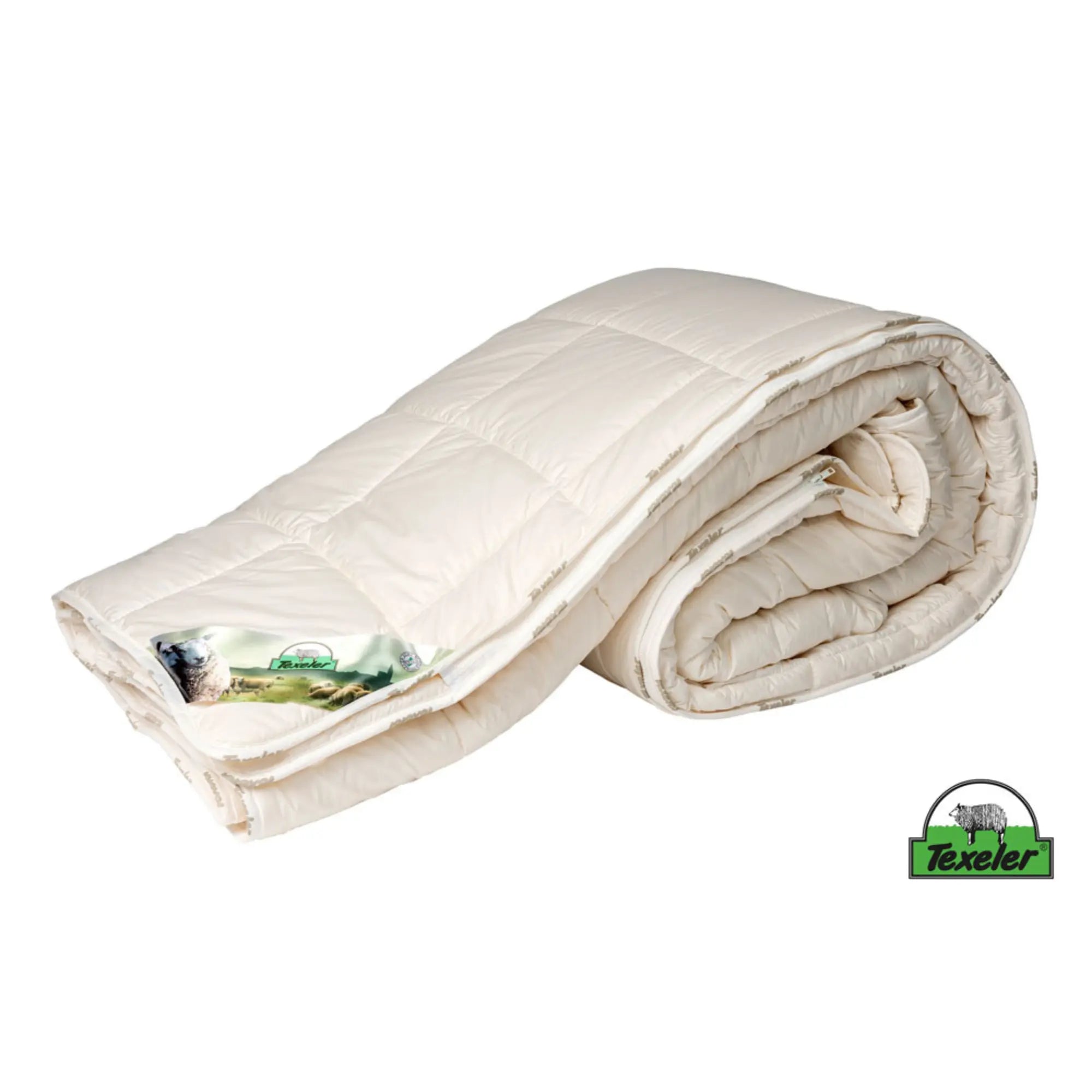 Rolled up Texeler wonderwool comforter. white background