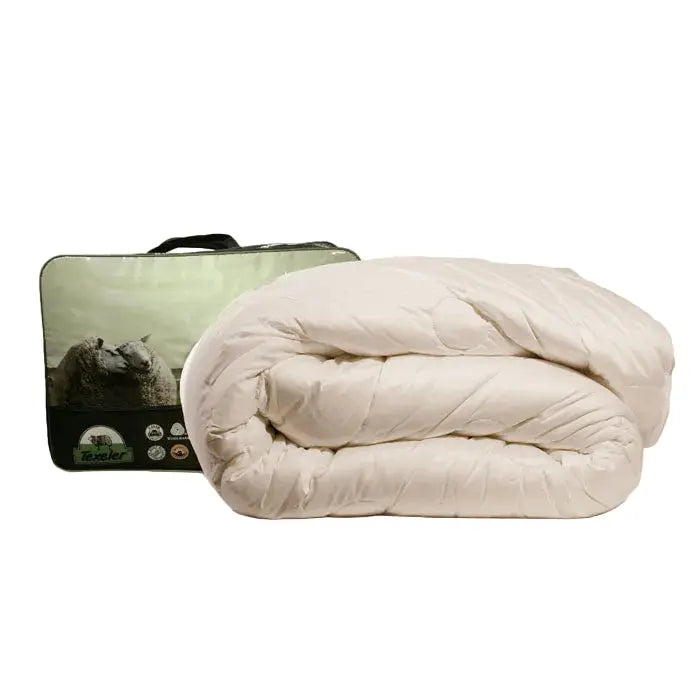 Front angle product picture comforter with packaging bag product name ultimate best wool comforter brand name texeler. white background