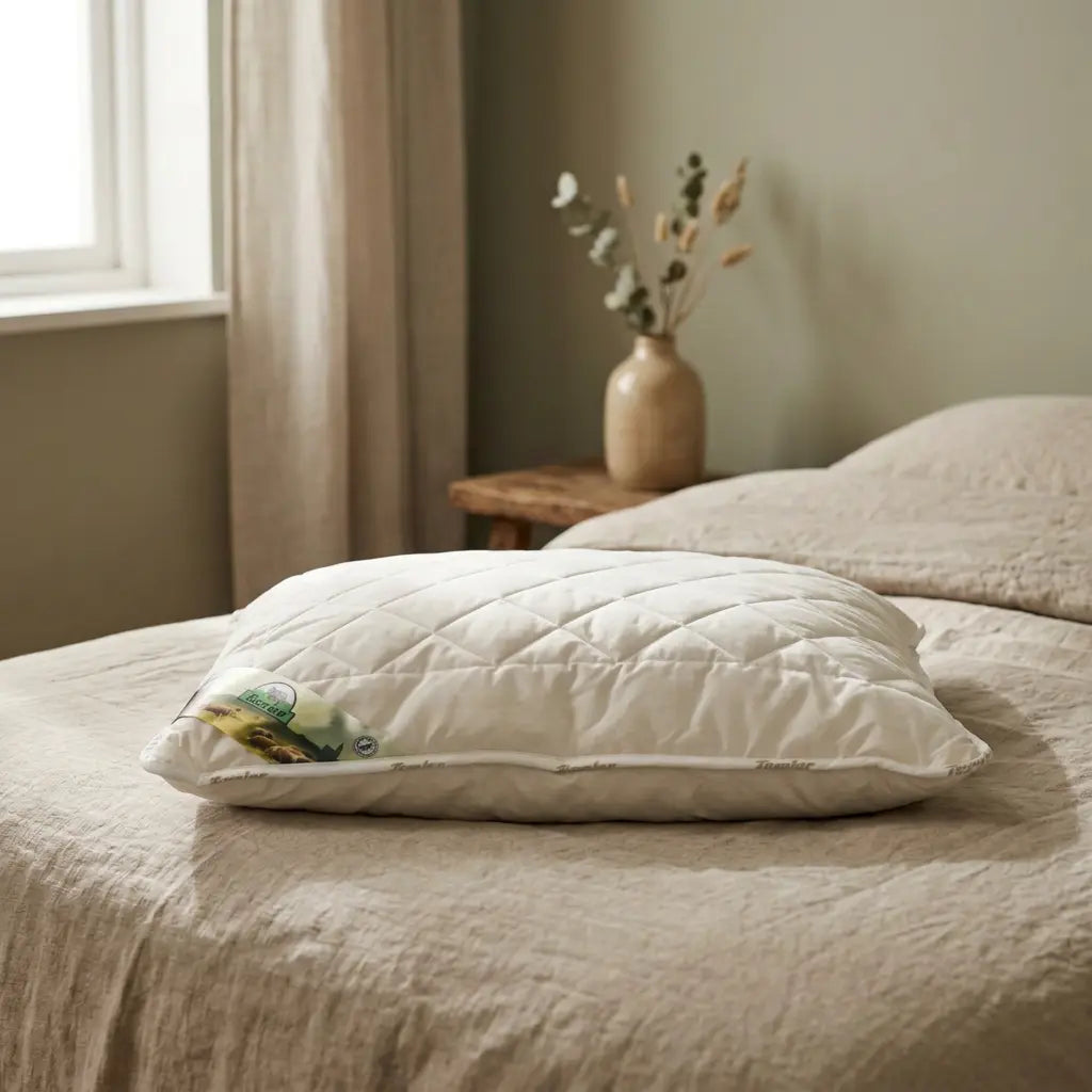 Pillow lying flat on the linen bed in the warm bedroom backdrop
