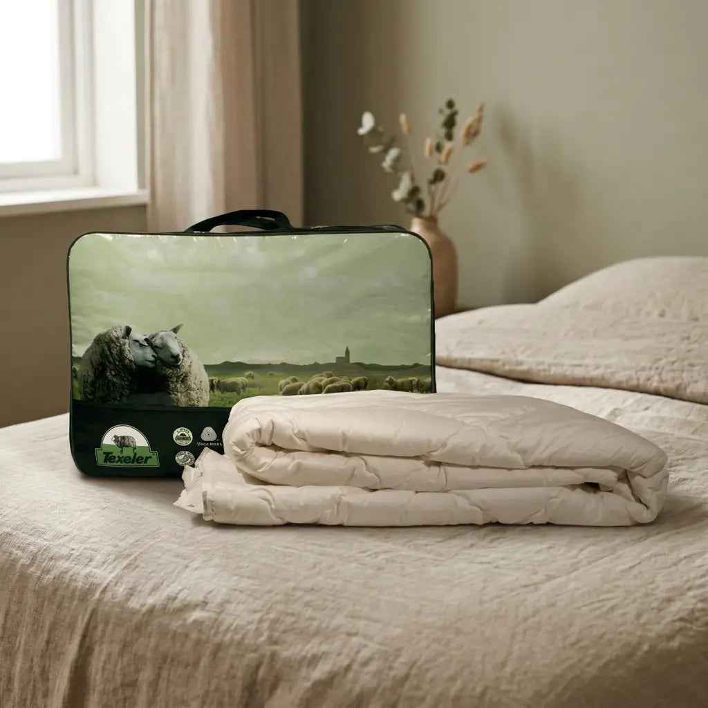 Texeler duvet and packaging integrated into the bedroom with soft left-window lighting