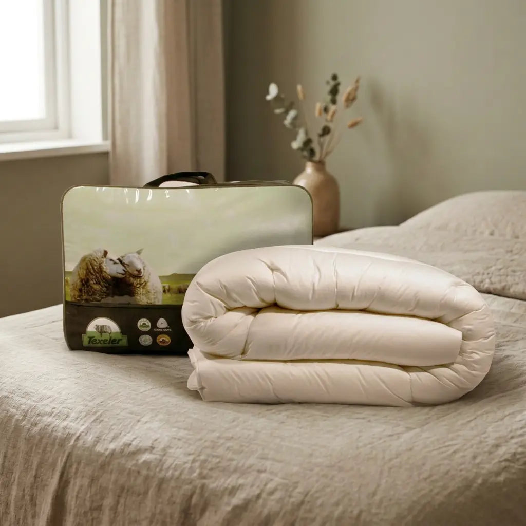 Texeler duvet and packaging integrated into the bedroom with soft window lighting