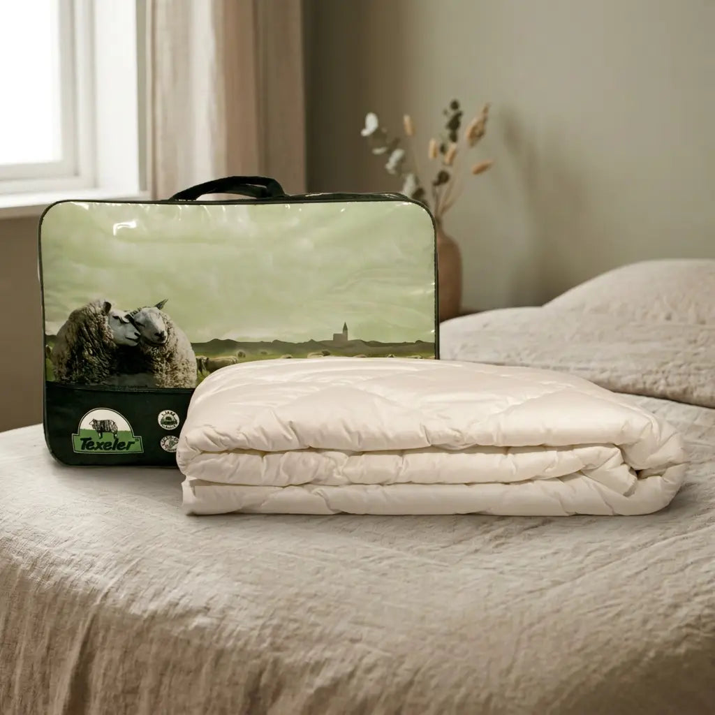 Texeler duvet integrated into the bedroom with soft left-window lighting and warm natural tones