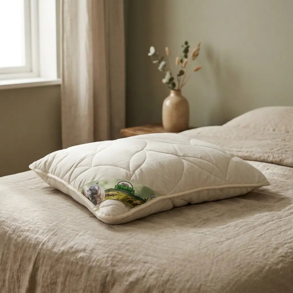 Texeler pillow naturally integrated into the bedroom with soft daylight and warm linen tones