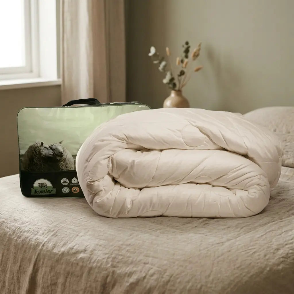 Texeler wool duvet integrated into the bedroom with soft natural lighting
