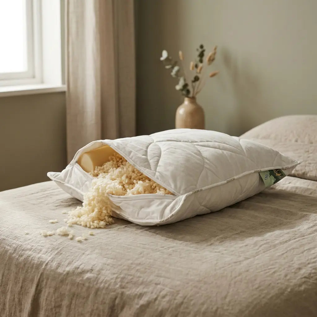 Wool pillow integrated into the bedroom scene with soft daylight